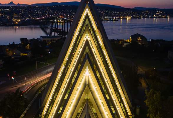 The Arctic Cathedral Buildings Monuments Tromso Norway Norway on nature landscape background. the arctic cathedral buildings