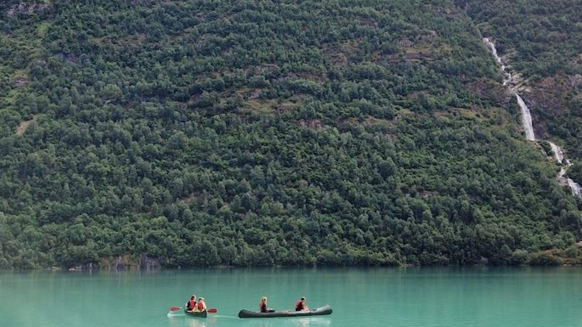 Canoe on the green lake Oldevatnet