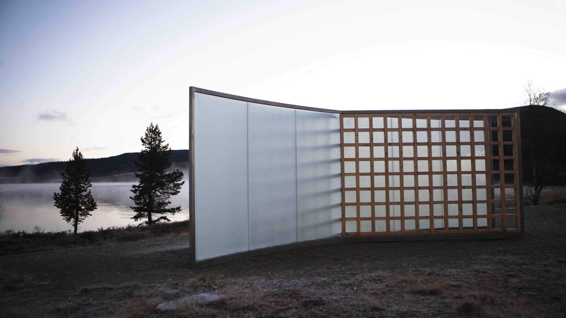 Norwegian Wood Lattice Bisected By Curved 2-way-mirror