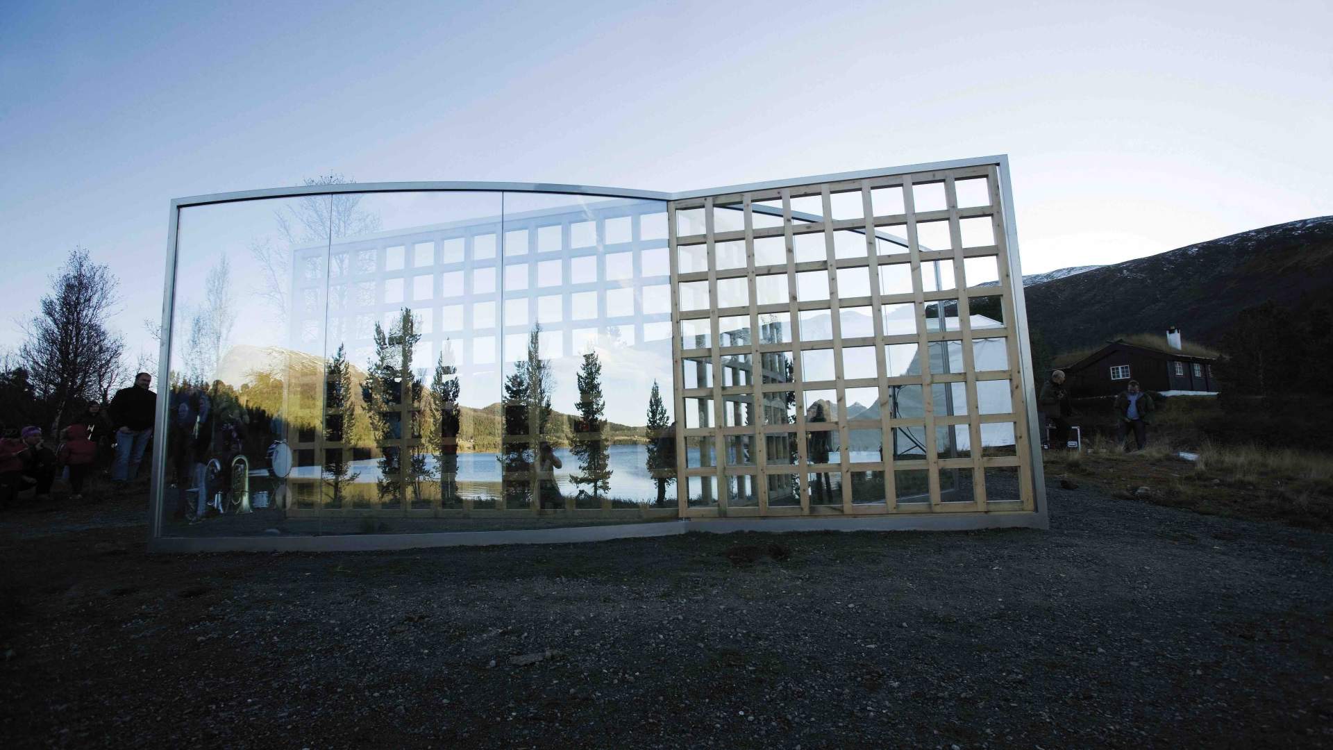 Norwegian Wood Lattice Bisected By Curved 2-way-mirror