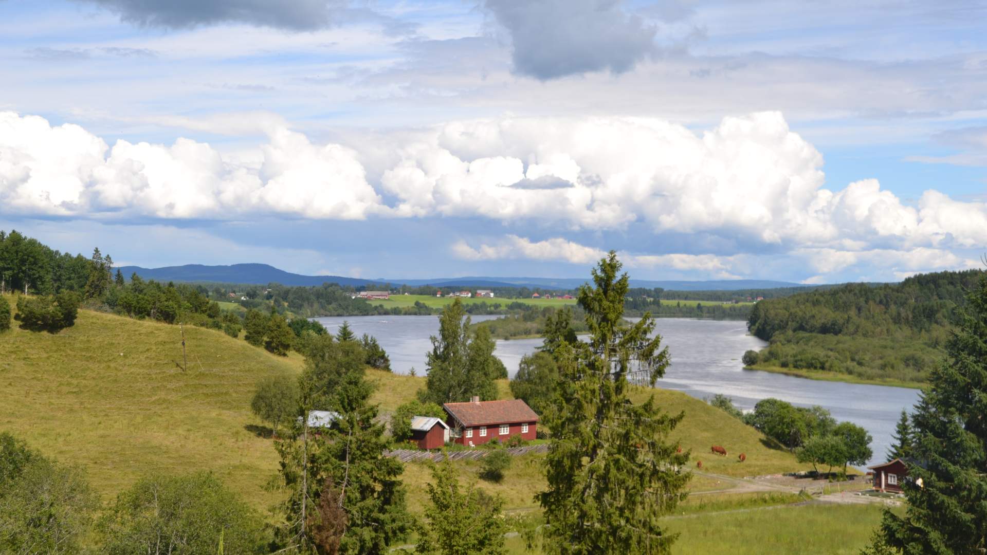 nes kirkeruiner med hytter og glomma
