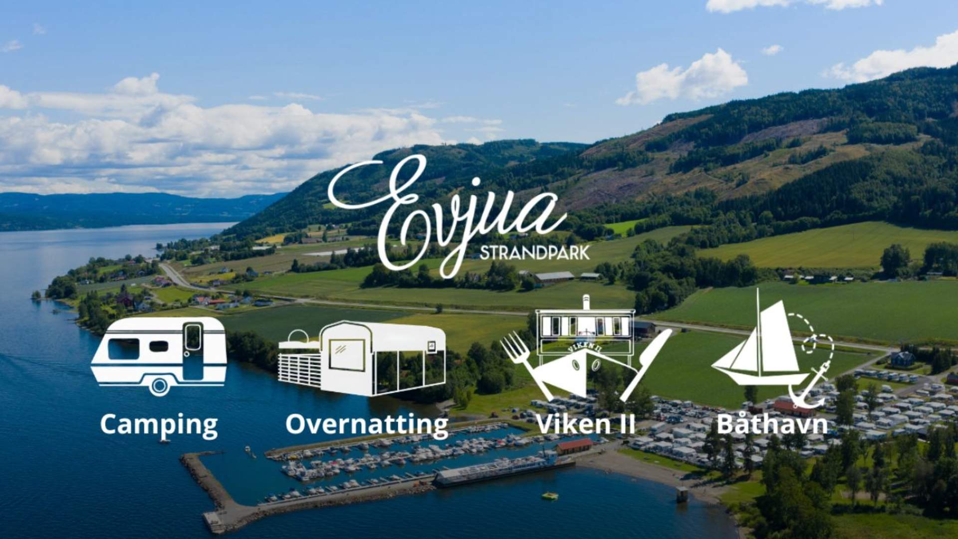 Evjua Strandpark, dronebilde med ikoner
