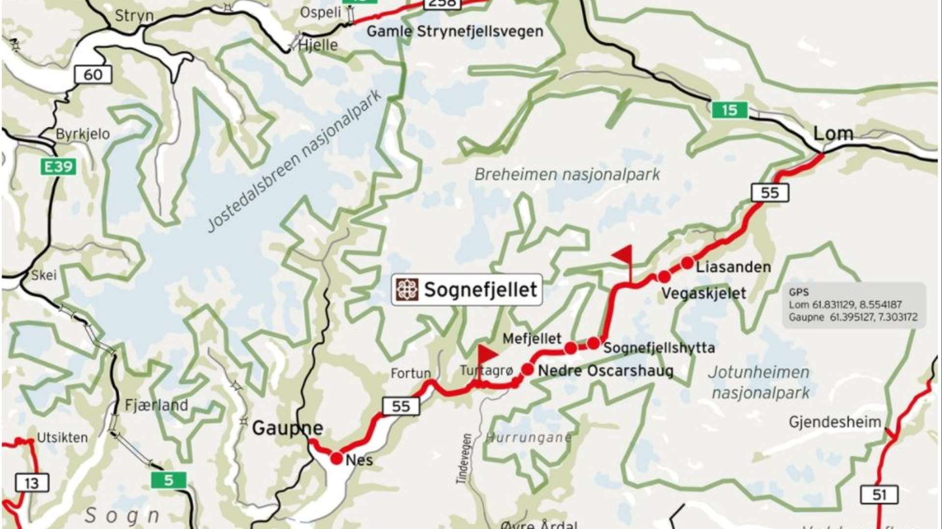 Kart Sognefjellsvegen
