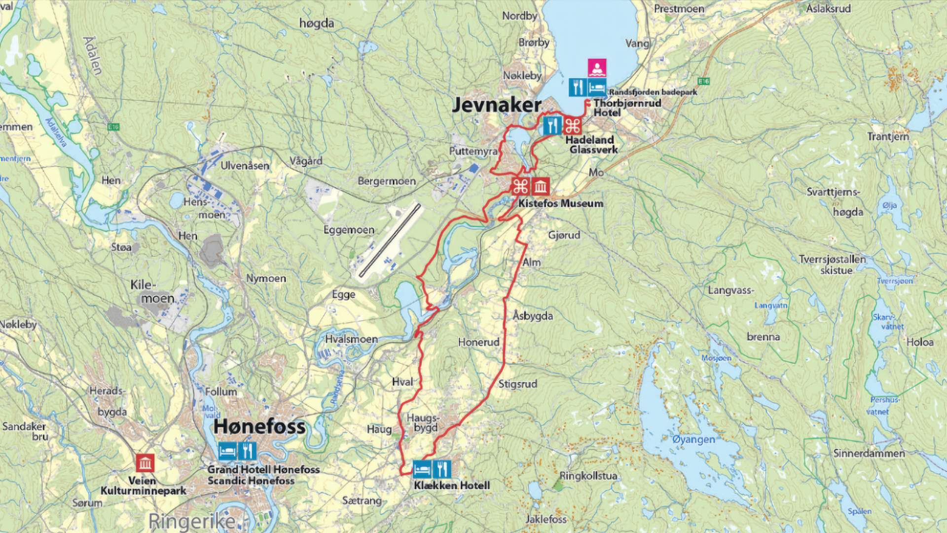 Kart sykkelrute Jevnaker / Ringerike