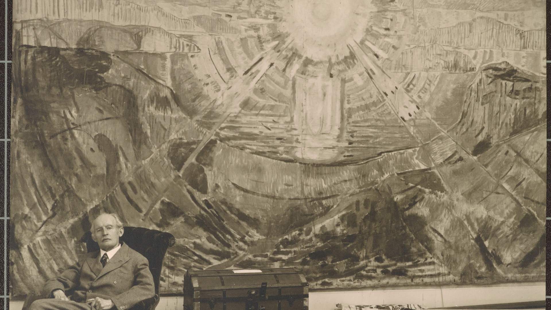 thumbnail_Edvard Munch foran Solen i vinteratelier pa° Ekely 1943 CC BY-NC-SA 4.0 Munchmuseet MM.D.0