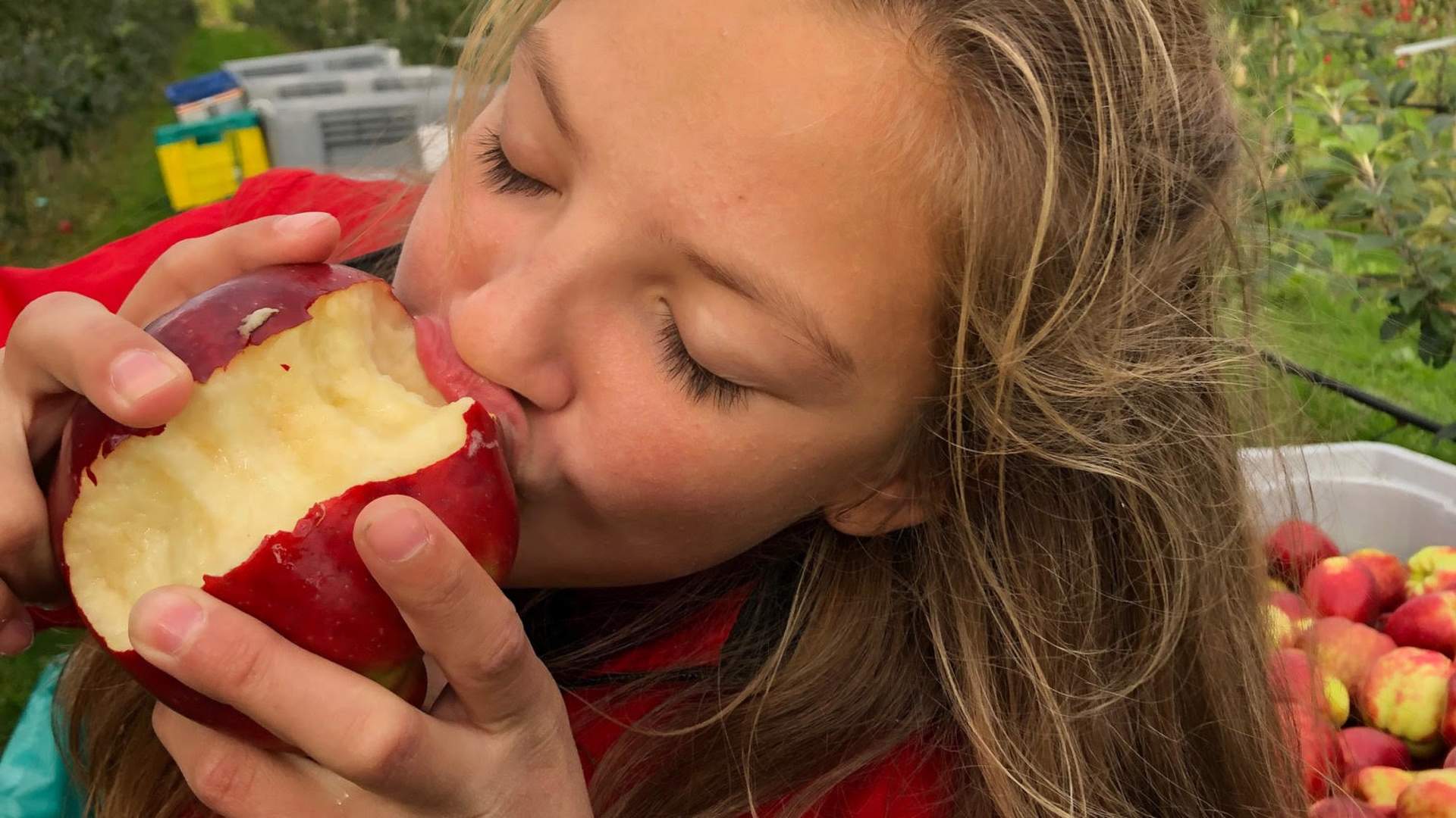 En jente som spiser et eple.