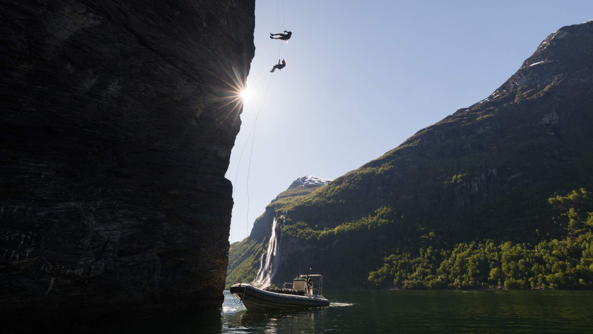 Almost down by the boat after a long rappelling