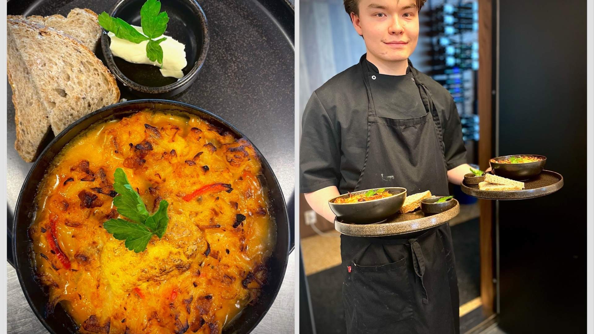 Niklas serverer utsøkt mat i restauranten.