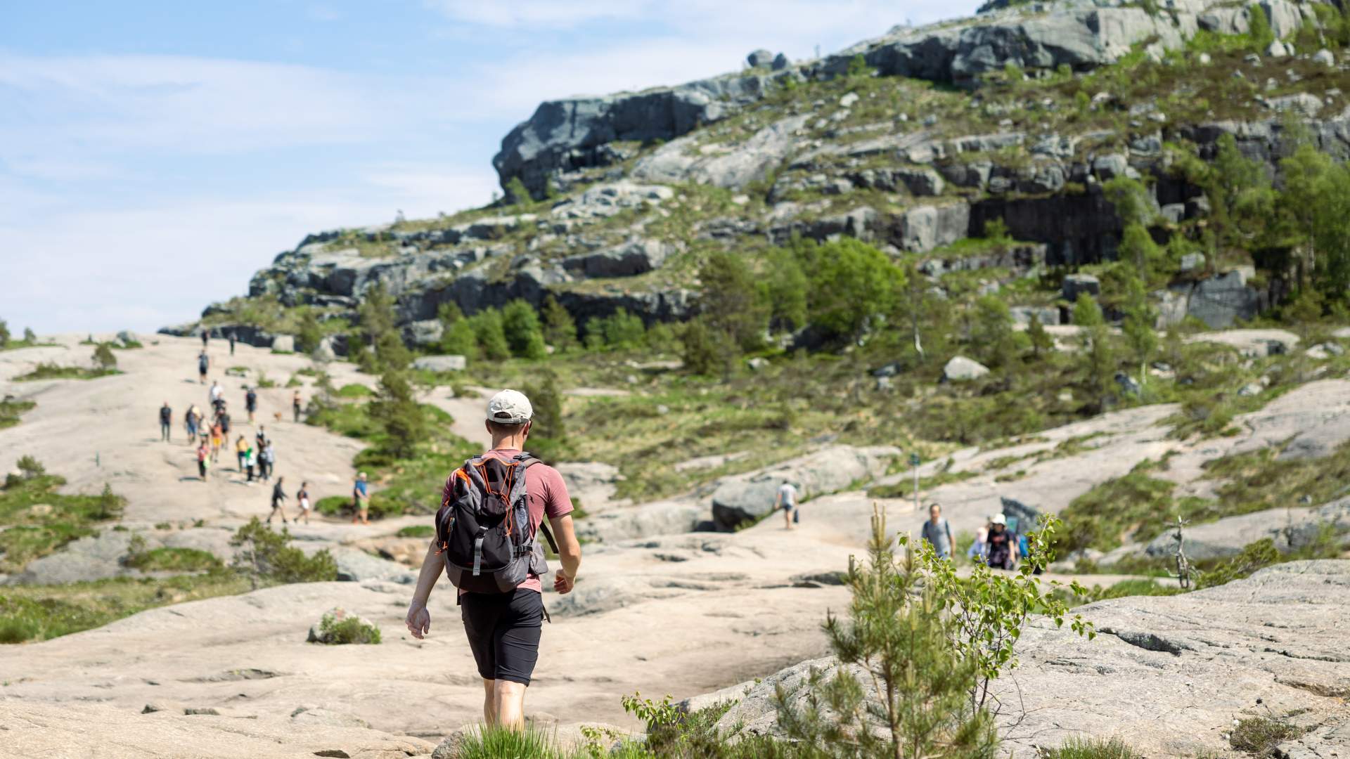 people hiking to preikestolen bus to preikestolen