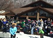 Skiers Taking a Break at the Bristol Mountain Sunset Lodge Patio
