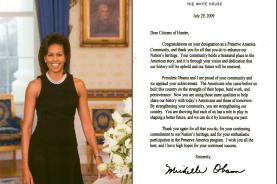 A letter and photograph from First Lady Michelle Obama stating the Town of Hunter’s designation as a Preserve America community was received in Hunter Town Hall last month.