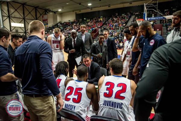 Coach Rex Walters talks to Grand Rapids Drive team