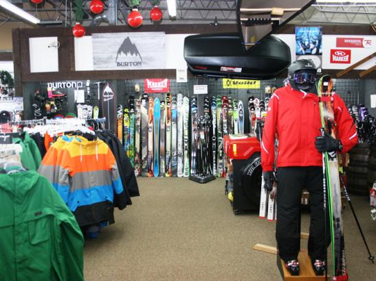 A wide selection of skis, snowboards + snowshoes is available.