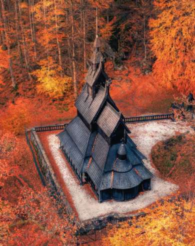 Fantoft stave church in Bergen seen in autumn