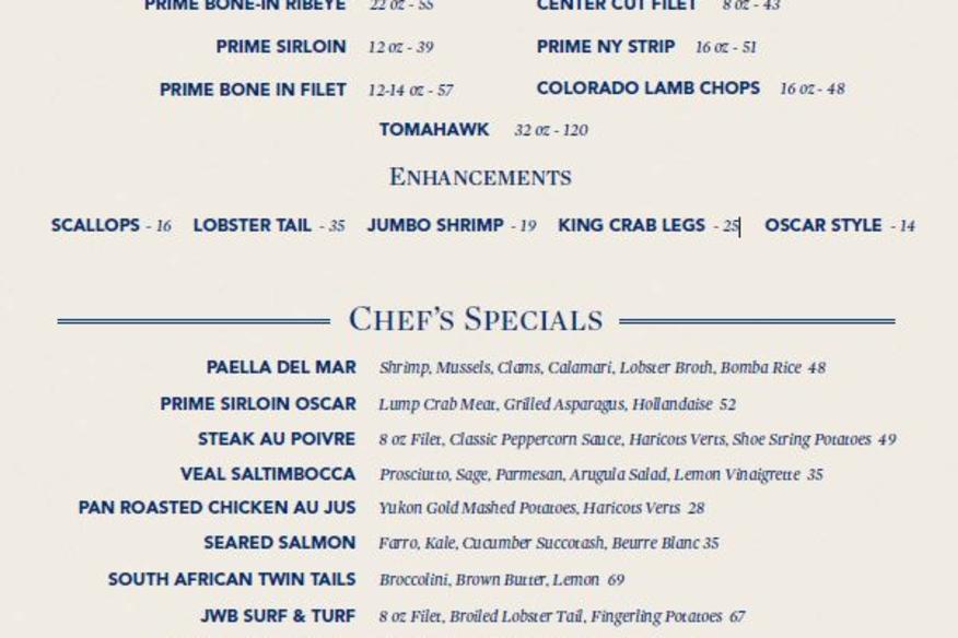JWB Prime Steak and Seafood - Main Menu Page 1