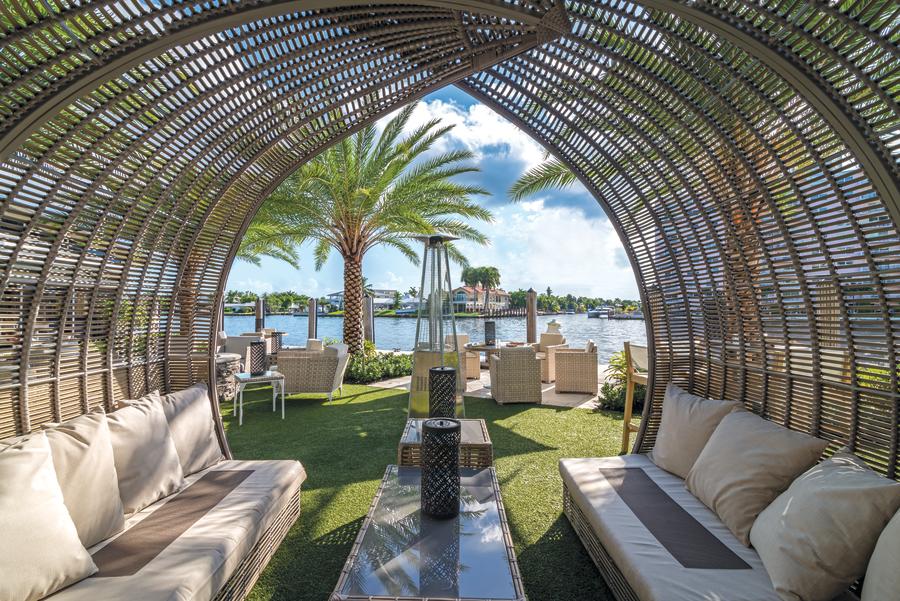 Covered outdoor seating at Shooters Waterfront in Fort Lauderdale