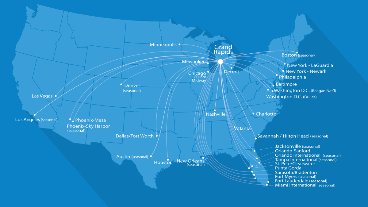 Flight map of direct destinations from Grand Rapids.