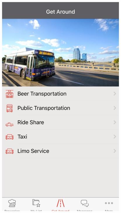 Screenshot of the Get Around Section of Brewsader App