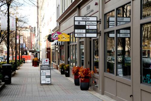 Downtown Grand Rapids storefronts with signs