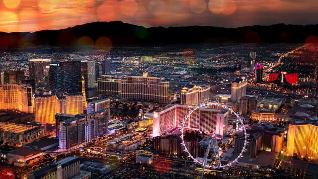 Aerial view of the Las Vegas Strip lit up at night