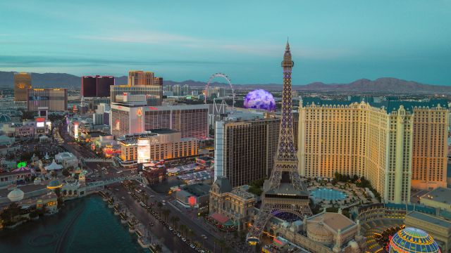 Stunning aerial view of the Las Vegas Strip at dusk.
