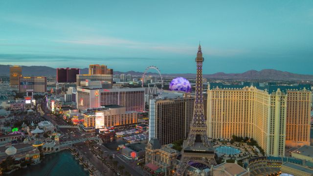 Stunning aerial view of the Las Vegas Strip at dusk.
