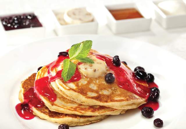 Pancakes with blueberry syrup from Pantry at the Mirage in Las Vegas, Nevada