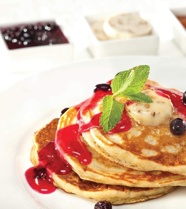 Pancakes with blueberry syrup from Pantry at the Mirage in Las Vegas, Nevada