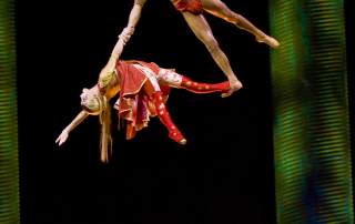 A group of performers giving it their all during the KA show by Cirque du Soleil.