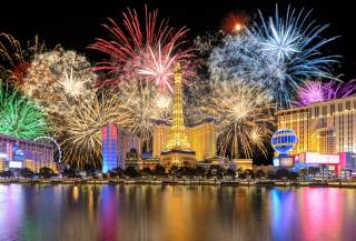 Stunning fireworks above the Las Vegas Strip at night.