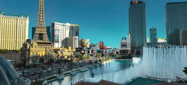 Take a look at this stunning view of the one and only Las Vegas strip during the day with a focus on The Bellagio Fountain.