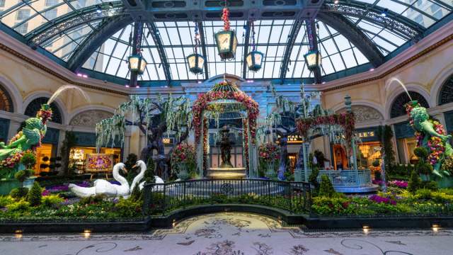 A stunning view of the Bellagio Conservatory & Botanical Gardens, including flowers and decor.