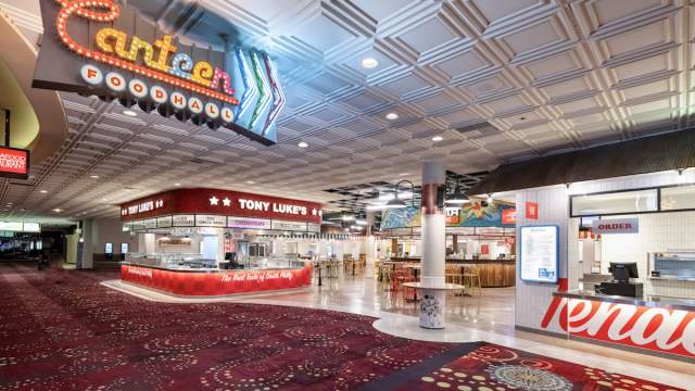 Canteen Food Hall at Rio Las Vegas with various restaurants including Tony Luke's and Tender Crush.