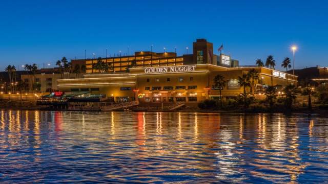 A gorgeous view of the Golden Nugget in Laughlin overlooking the water.