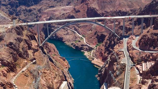 An aerial shot of the Hoover Dam.