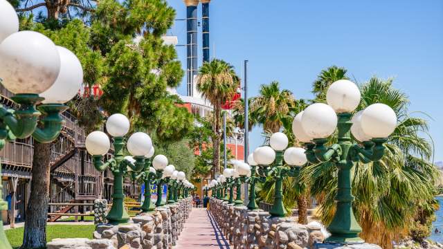 A view of the Laughlin Riverwalk with lamps and lush palm trees.
