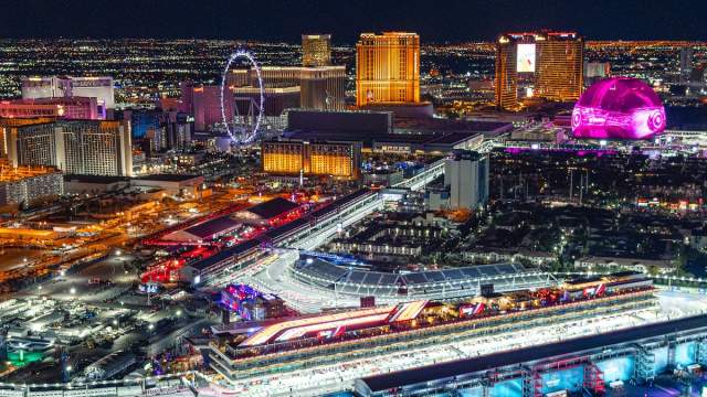Aerial view of the F1 Las Vegas Grand Prix track with Sphere in background. PHOTO CREDIT MAVERICK HELICOPTERS