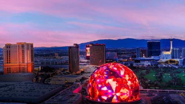 Aerial view of the Las Vegas Strip, highlighting the Sphere.