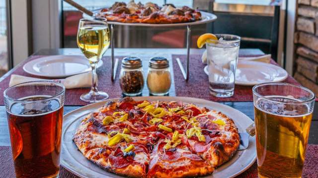 River Rock Pizza pizza and drinks