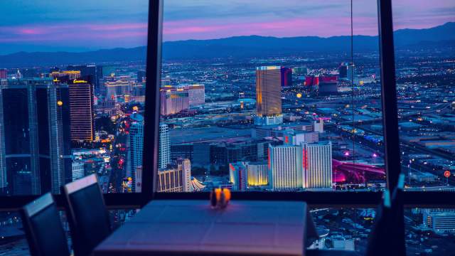 A stunning view of the Las Vegas Strip from a table the Top of the World restaurant.