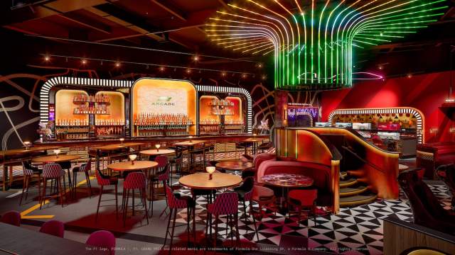 The inside seating area of F1 Arcade