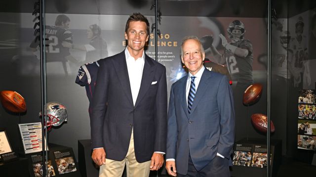 Tom Brady and Jim Gray attend the Press Conference for the Hall of Excellence Opening at Fontainebleau Las Vegas