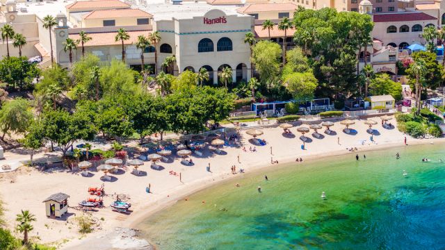 A stunning areal shot of the beach front at Harrah's Laughlin.