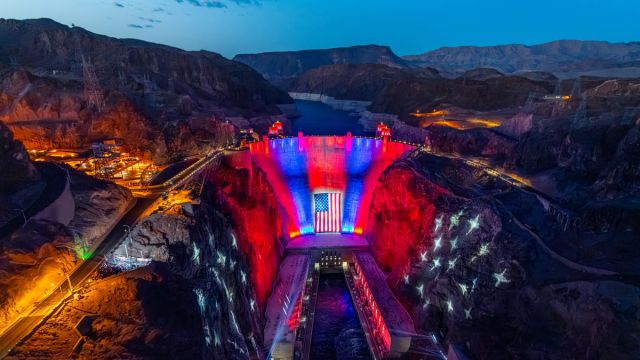 Hoover Dam USA Flag Day Night wide