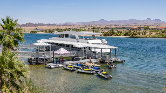 Boats on the Colorado River by the Laughlin Riverwalk.