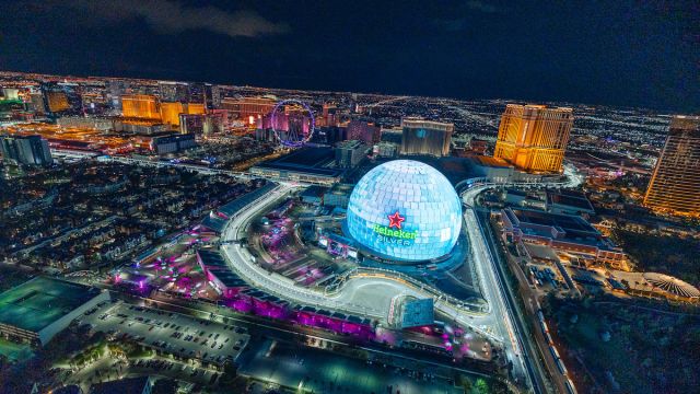 F1 display on Sphere at night in Las Vegas.