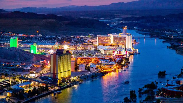 Aerial shot of Laughlin, NV at night
