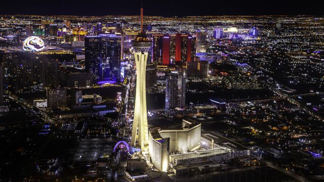 A stunning aerial view of the Las Vegas Strip as night.