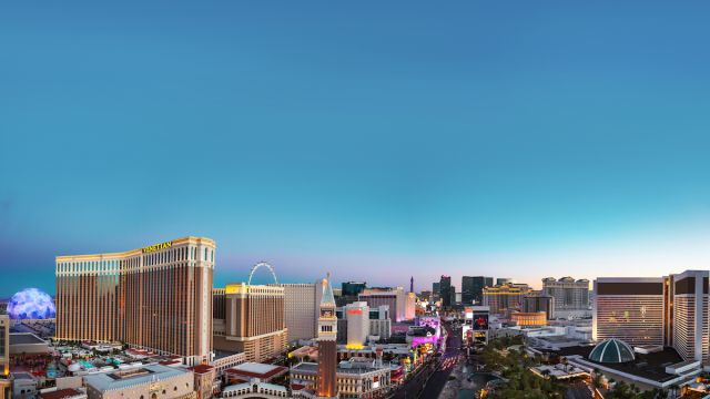 A stunning aerial view of the Las Vegas Strip at dusk.