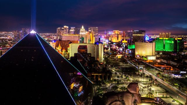 Take a look at this stunning view of the one and only Las Vegas strip during the evening with a focus on The Luxor.